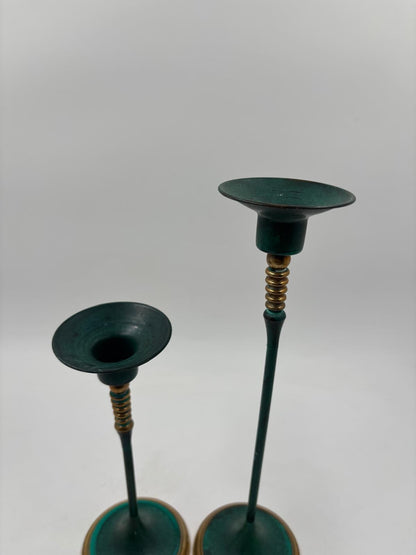 Vintage Kerzenständer Set von 2 von Gilde patiniert grün gold