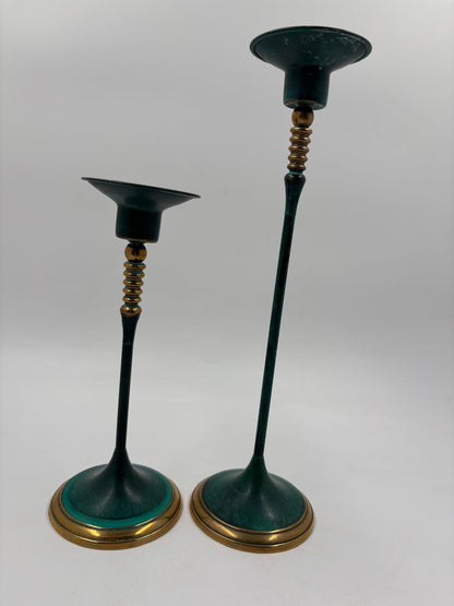 Vintage Kerzenständer Set von 2 von Gilde patiniert grün gold