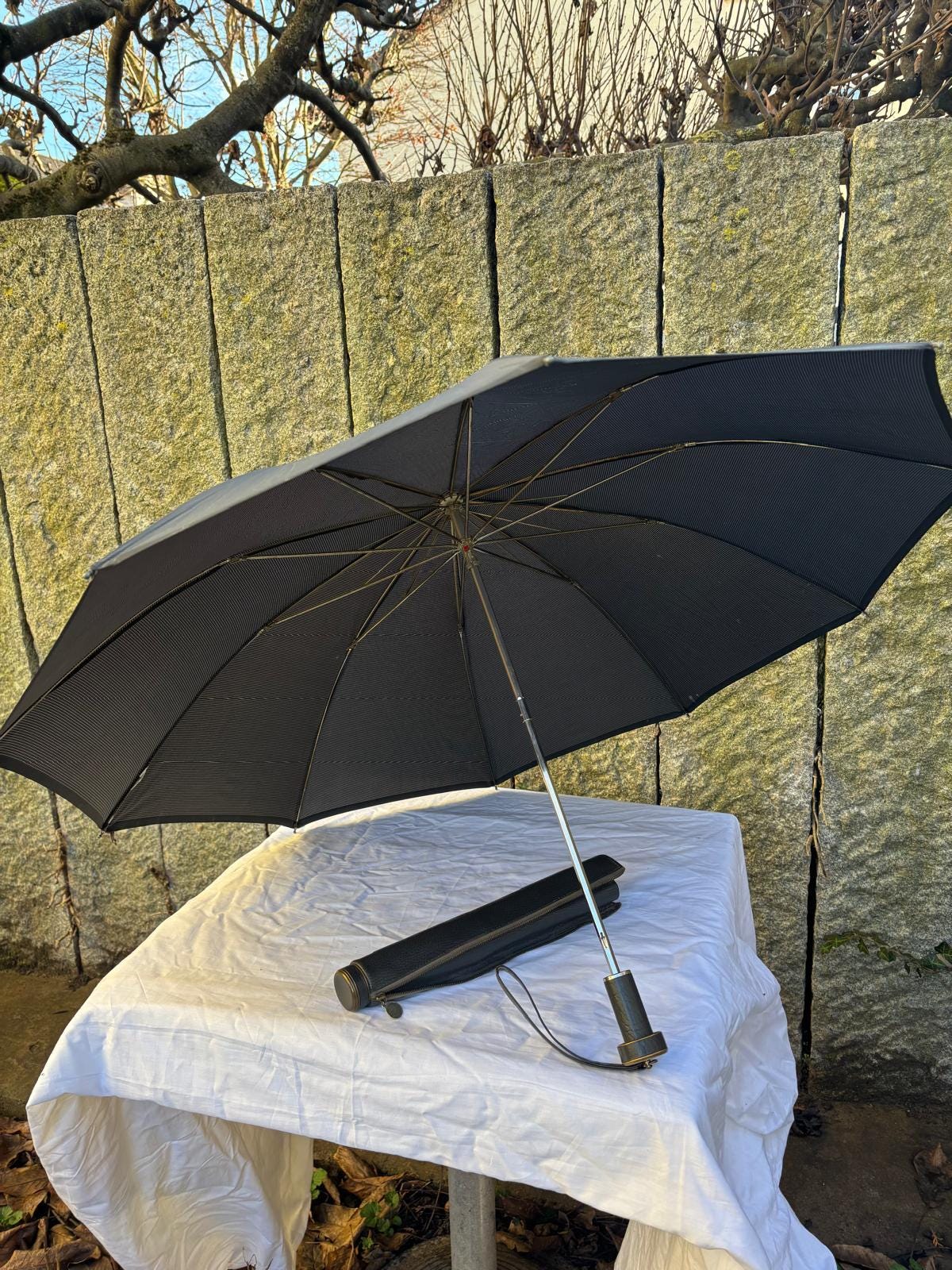 Vintage Sonnenschirm von Knirps schwarz mit Kunstlederhülle