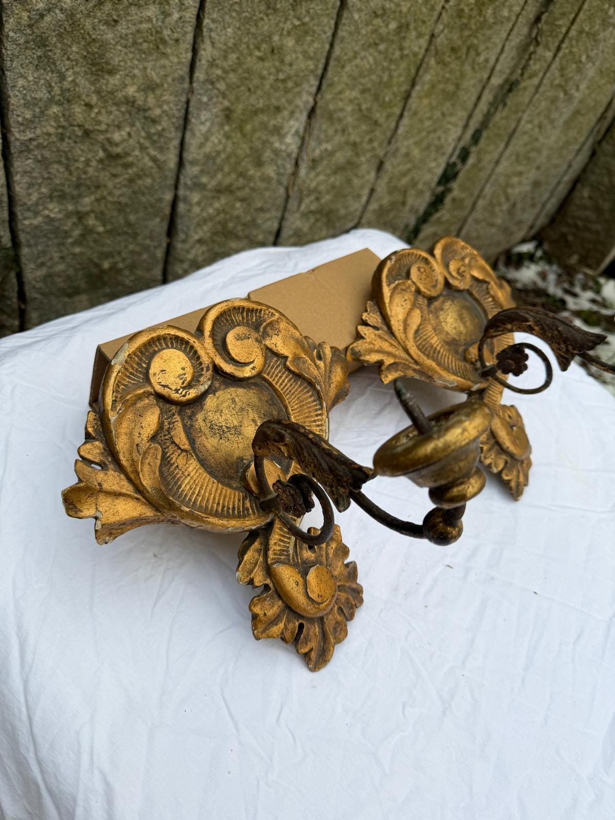 Vintage Wandkerzenhalter Set von 2 Louis XV geschnitztes Holz vergoldet