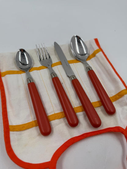 Vintage Besteck Set von Villeroy und Boch orange Griffe mit Stofftasche