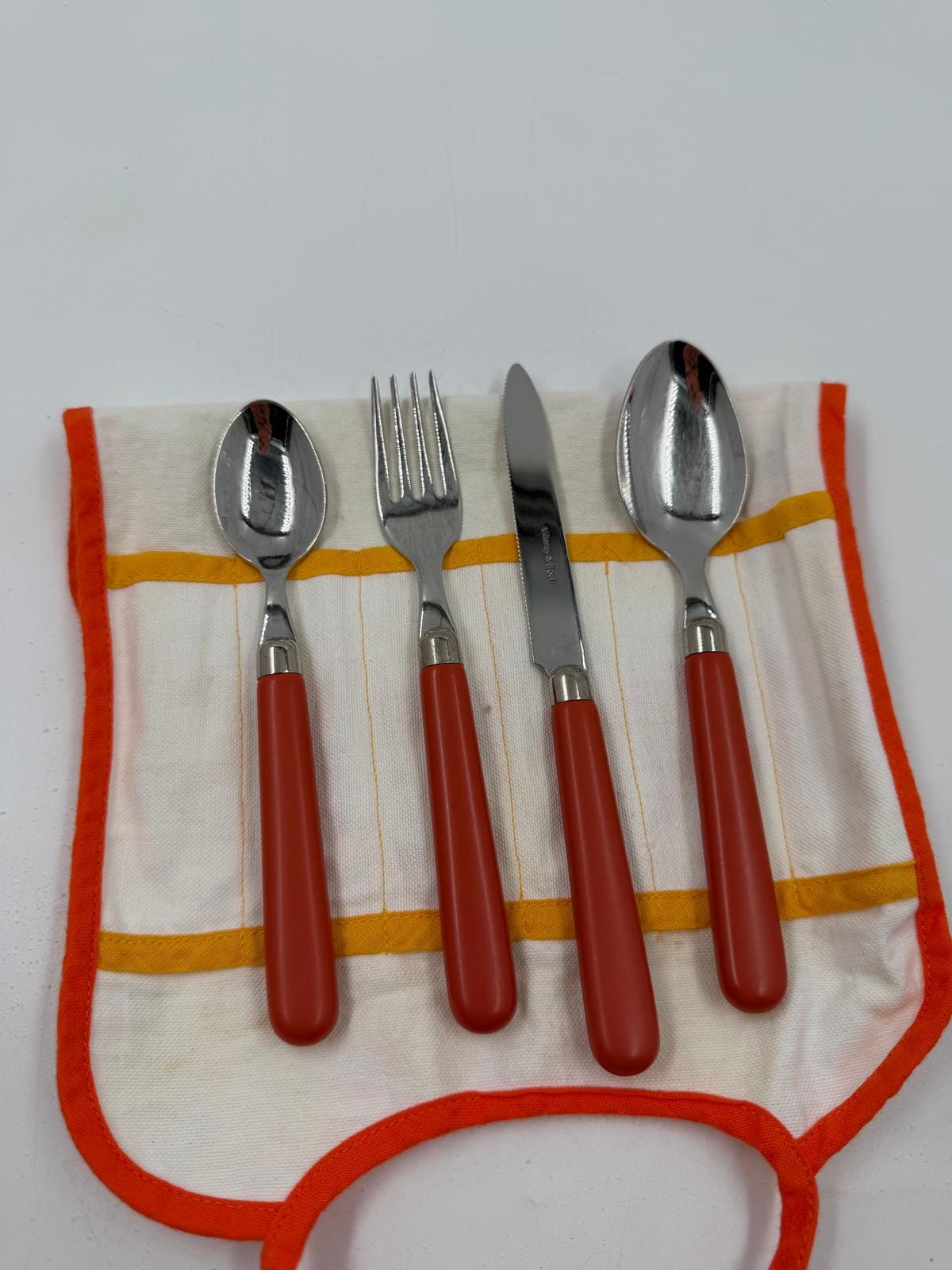 Vintage Besteck Set von Villeroy und Boch orange Griffe mit Stofftasche