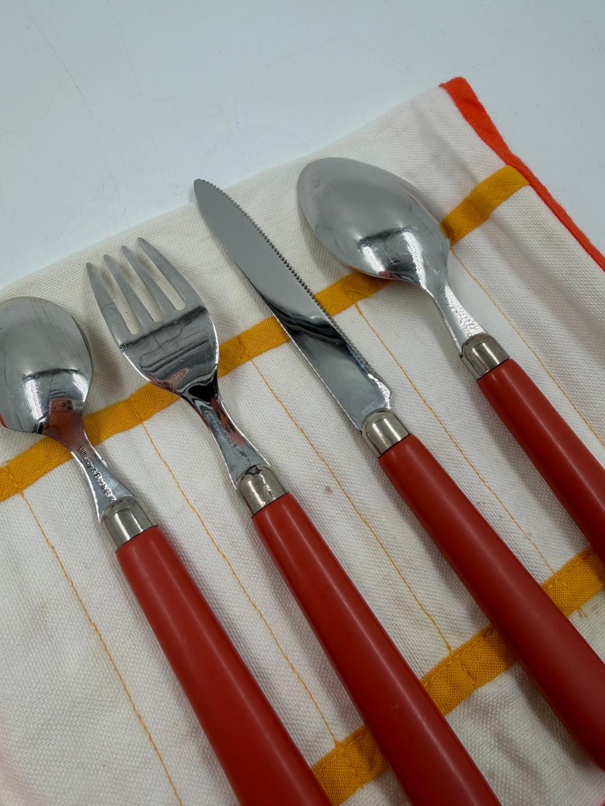 Vintage Besteck Set von Villeroy und Boch orange Griffe mit Stofftasche