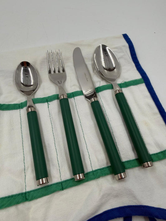Vintage Besteck Reisebesteck Set von Villeroy und Boch grüne Griffe mit Stofftasche