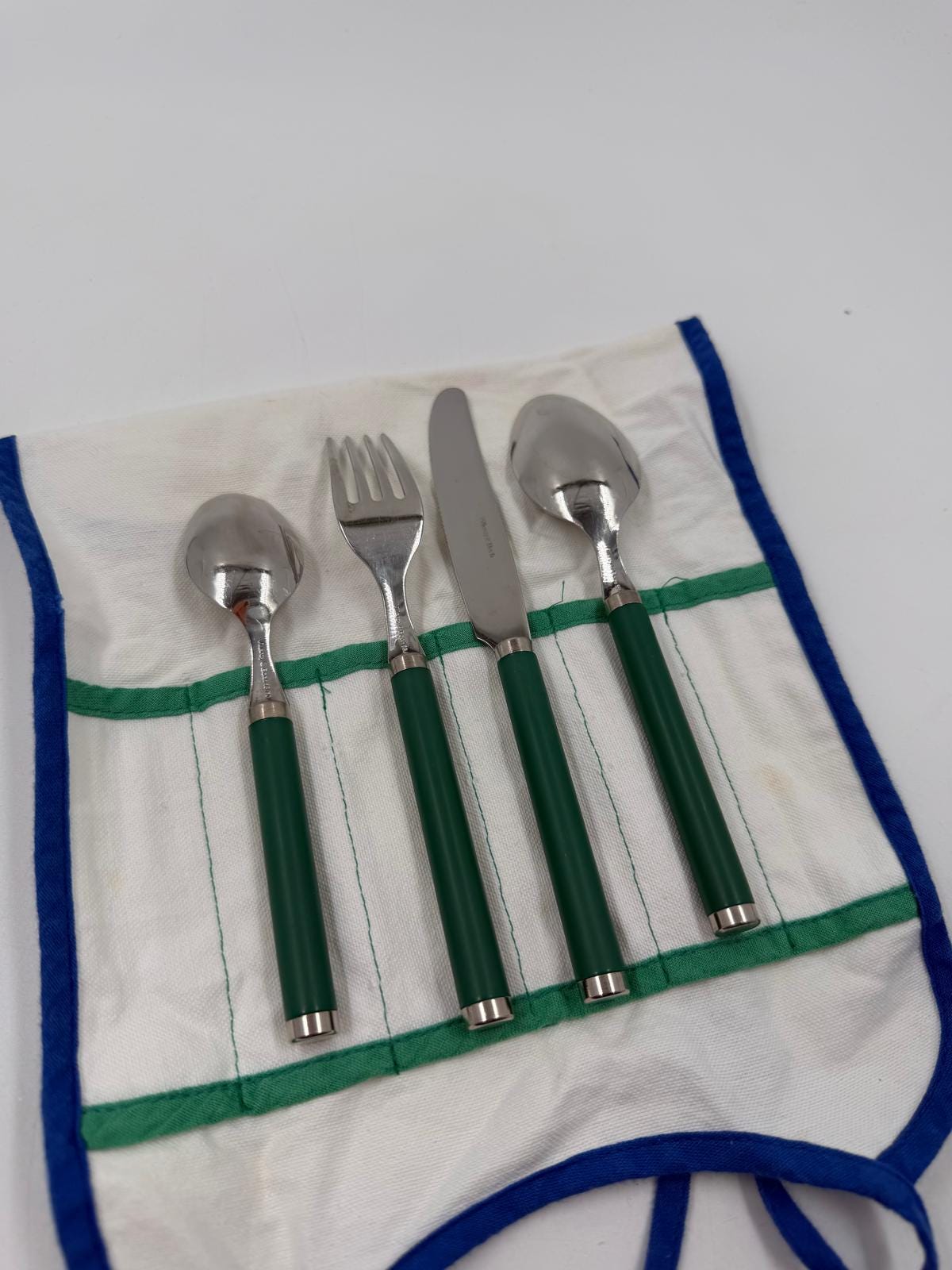 Vintage Besteck Reisebesteck Set von Villeroy und Boch grüne Griffe mit Stofftasche