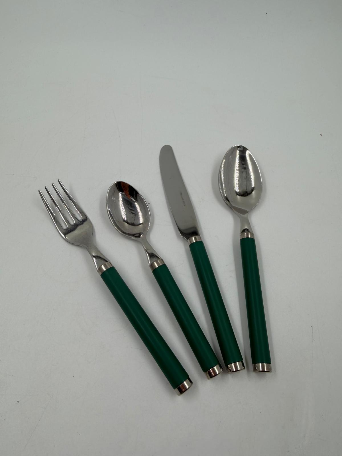 Vintage Besteck Reisebesteck Set von Villeroy und Boch grüne Griffe mit Stofftasche