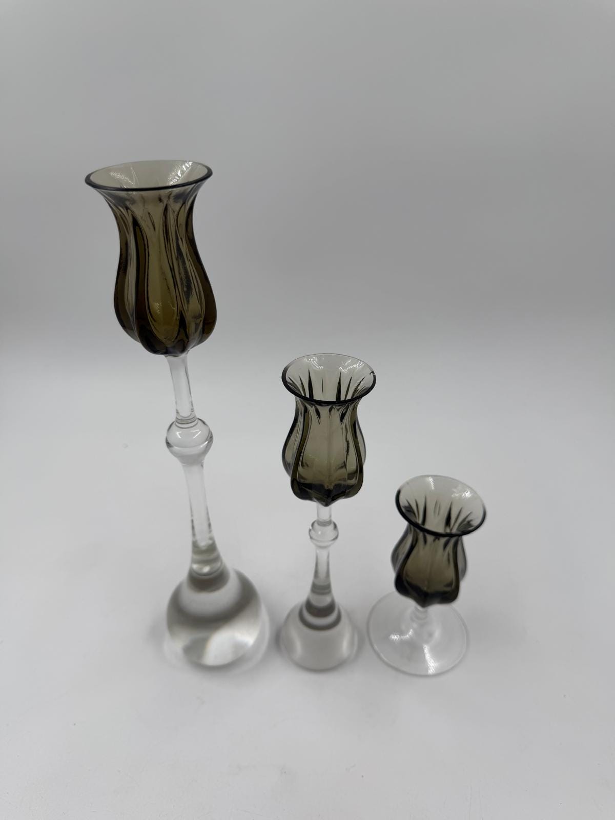 Vintage Kerzenständer Tulipa von Bjørn Wiinblad für Rosenthal Set von 3 Kristall rauchgrau