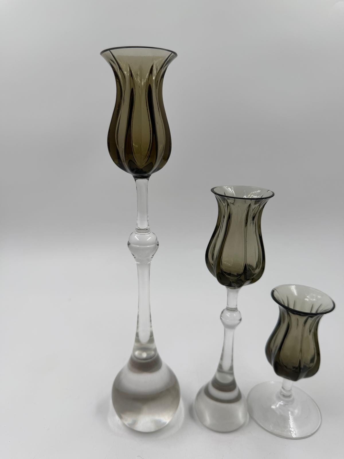 Vintage Kerzenständer Tulipa von Bjørn Wiinblad für Rosenthal Set von 3 Kristall rauchgrau