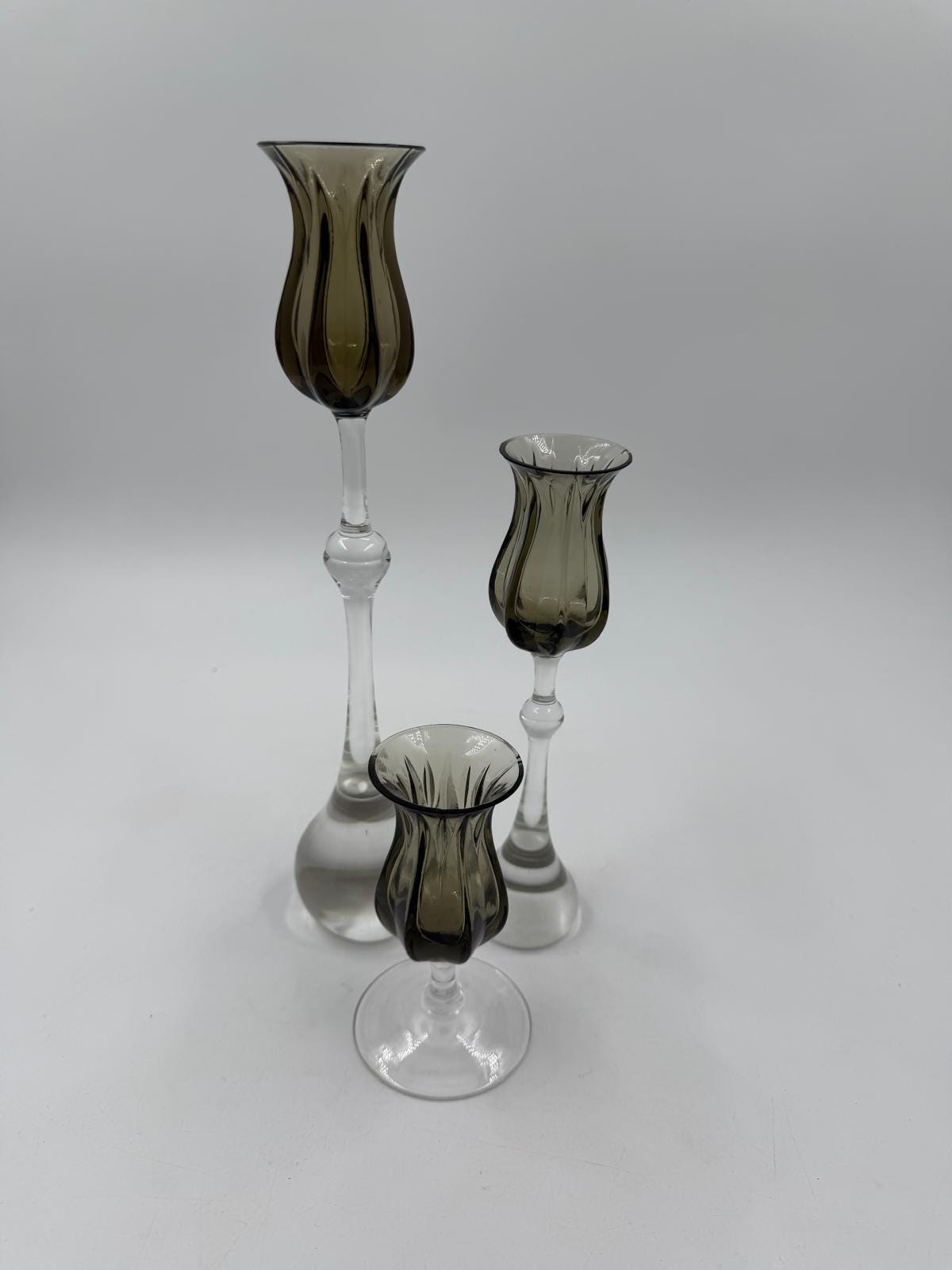 Vintage Kerzenständer Tulipa von Bjørn Wiinblad für Rosenthal Set von 3 Kristall rauchgrau