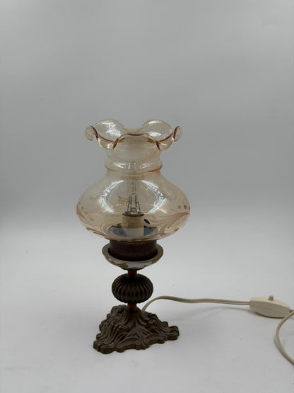 Vintage Tischlampe Messinggussfuß Glasschirm mit Dekor und Kabel mit Schnurschalter