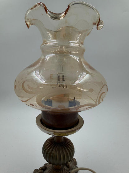 Vintage Tischlampe Messinggussfuß Glasschirm mit Dekor und Kabel mit Schnurschalter
