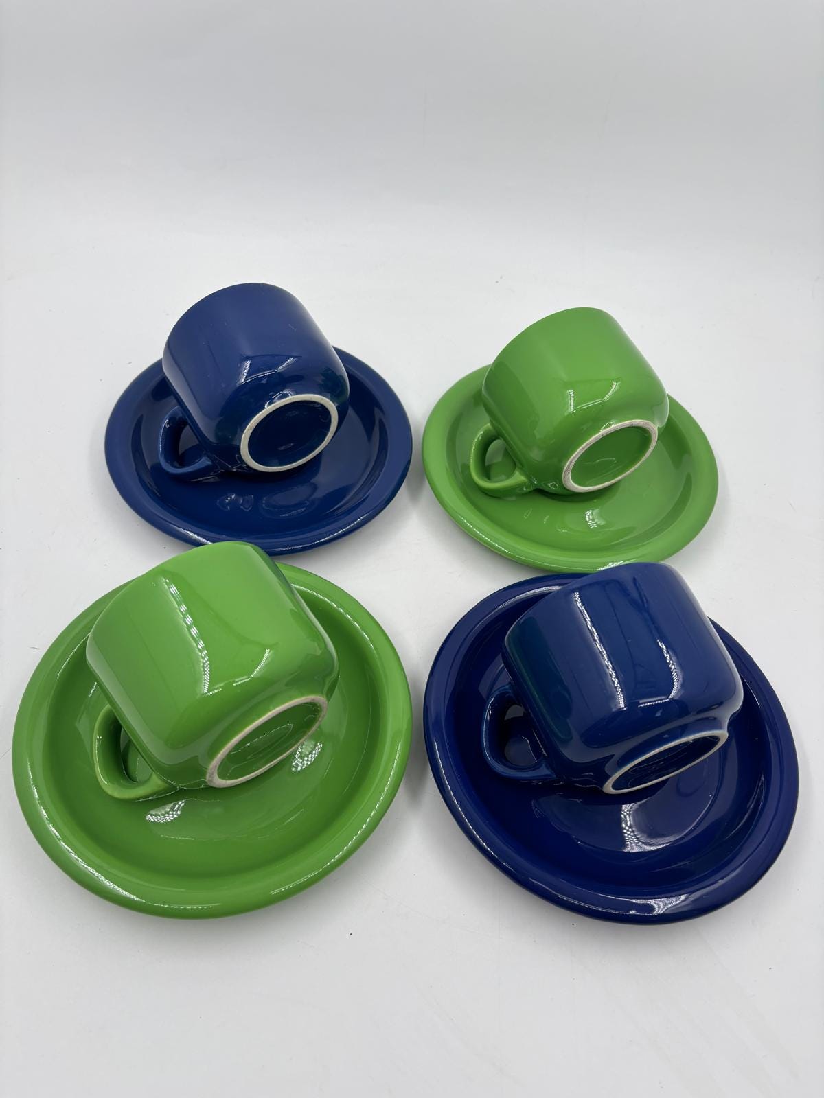 Vintage Kaffeeservice Set von 4 von Wächtersbacher Keramik blau grün Wellenrand-Dekor