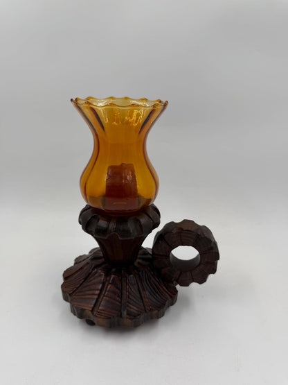 Vintage Kerzenhalter mit Bernsteinglas-Aufsatz und dunklem Holzfuß