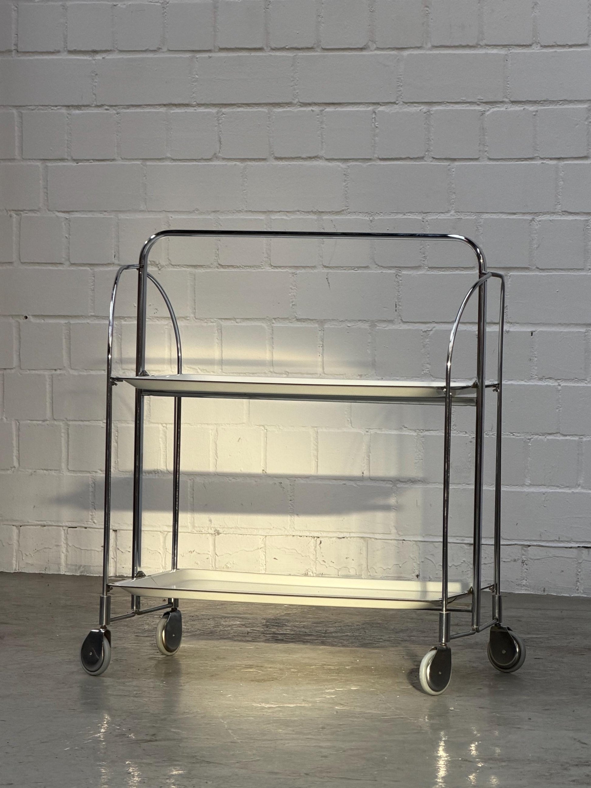 Vintage Barwagen Chrom Creme Tischwagen mit 2 Ebenen klappbar