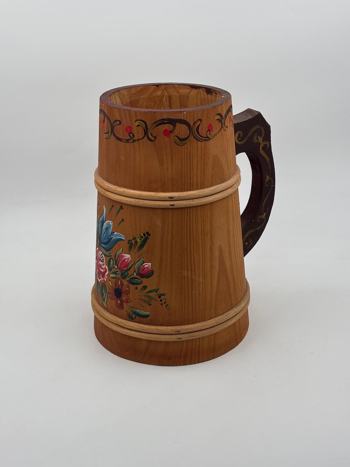 Vintage Bierkrug handbemalt mit Blumen Dekor 25cm hoch