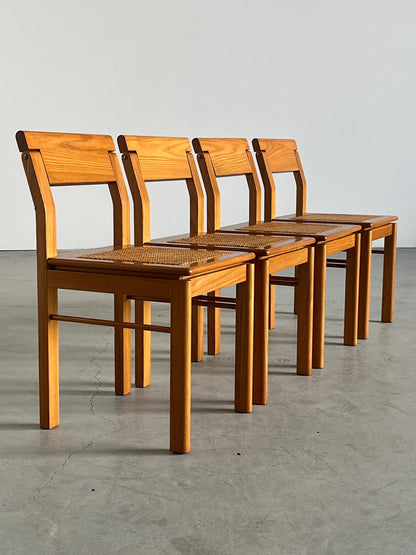 Vintage Esszimmerstuhl mit drehbarer Rückenlehne aus Esche und Geflecht, Set von 4, Italien 1970er