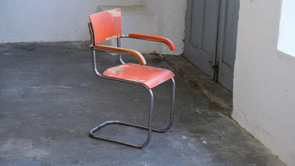 Vintage Freischwinger Stuhl von Mart Stam für Mora in Orange, Chrom