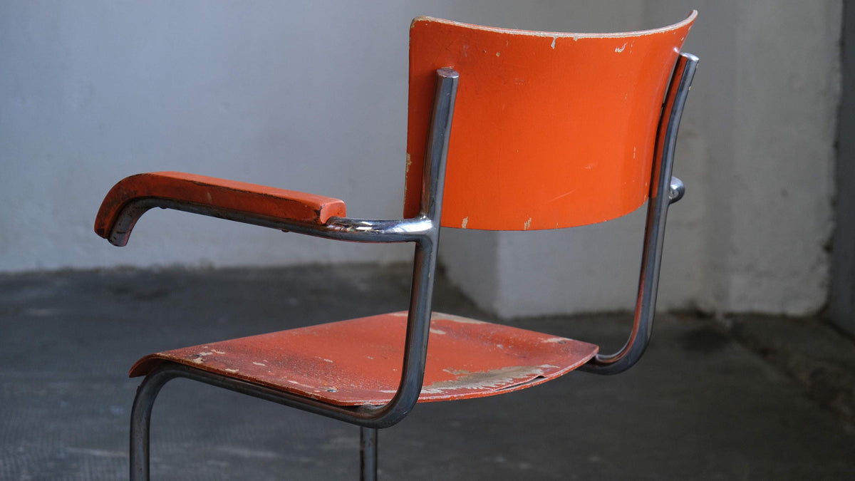 Vintage Freischwinger Stuhl von Mart Stam für Mora in Orange, Chrom