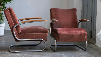 Vintage Sessel S 411 für Thonet rotbraun Samt Chromgestell Set von 2