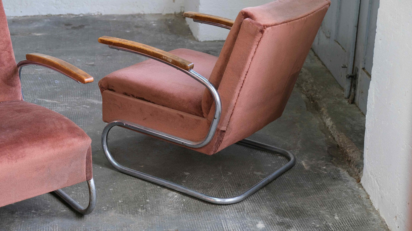 Vintage Sessel S 411 für Thonet rotbraun Samt Chromgestell Set von 2