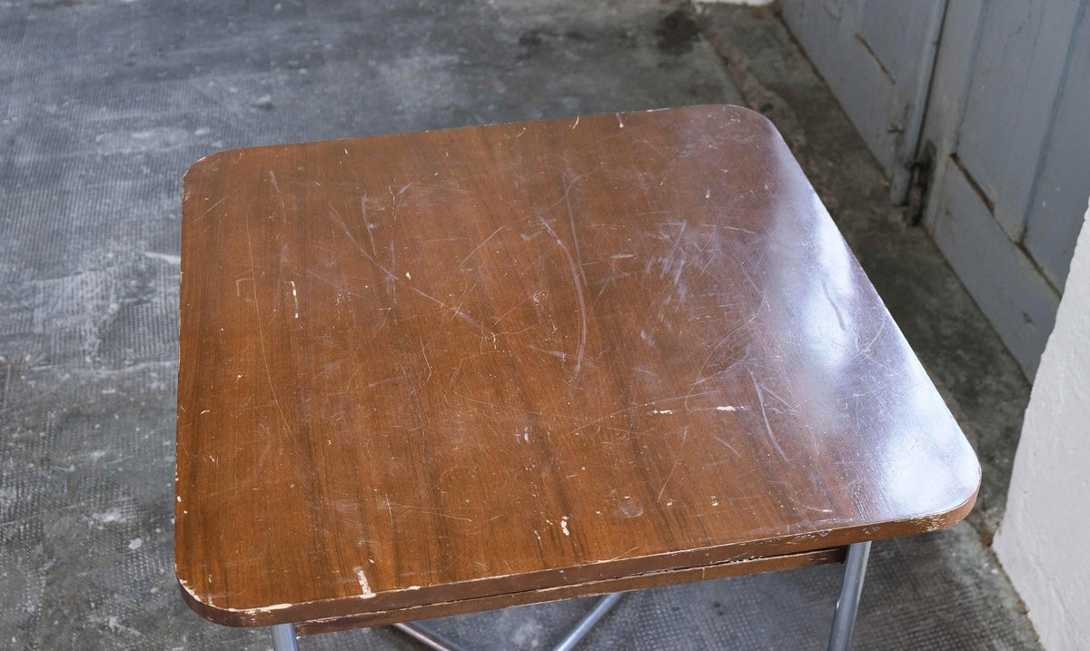 Vintage Freischwinger Stuhl Set von 4 mit Tisch von Vichr für Vichr Chrom silber Holz natur