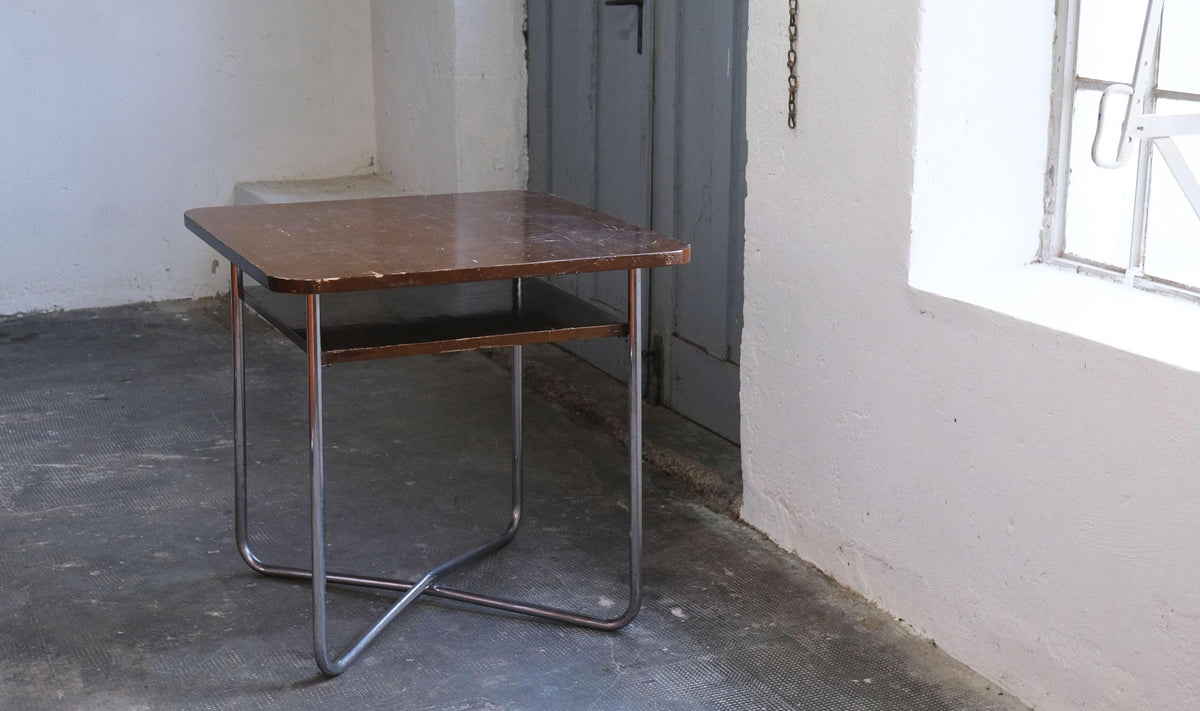 Vintage Freischwinger Stuhl Set von 4 mit Tisch von Vichr für Vichr Chrom silber Holz natur