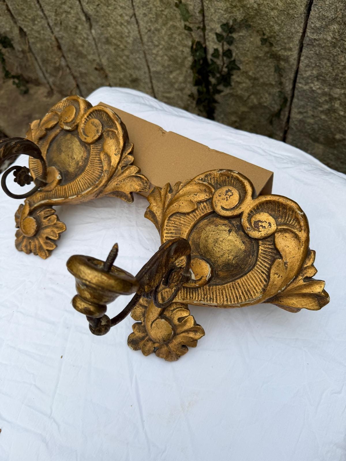 Vintage Wandkerzenhalter Set von 2 Louis XV geschnitztes Holz vergoldet
