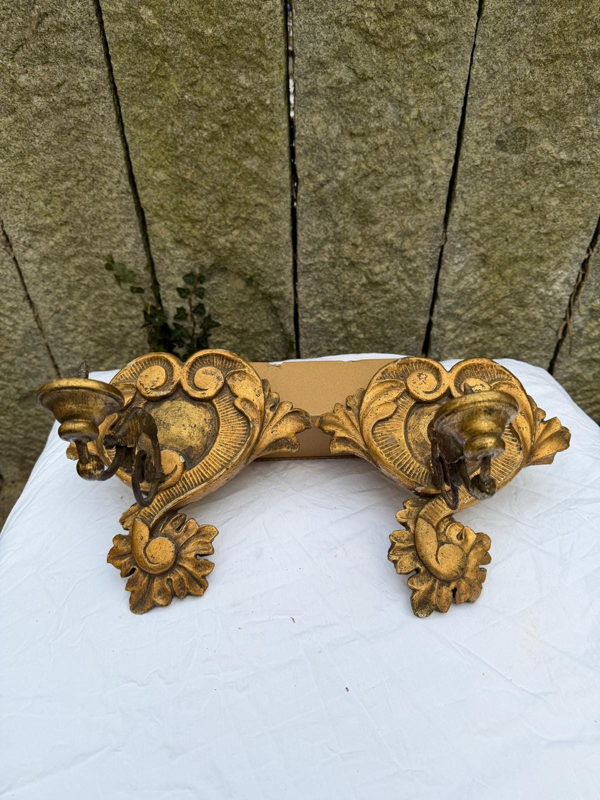Vintage Wandkerzenhalter Set von 2 Louis XV geschnitztes Holz vergoldet