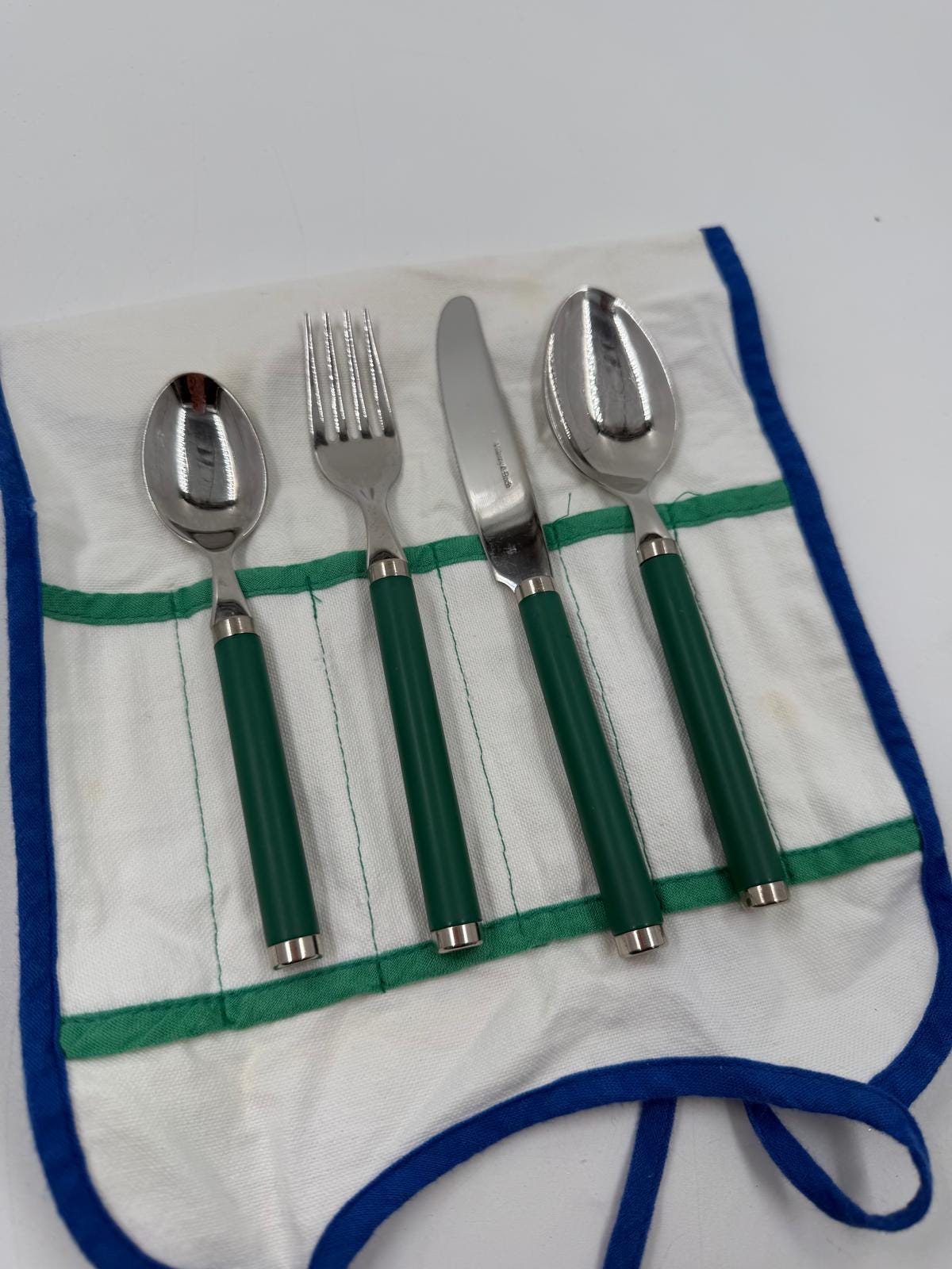 Vintage Besteck Reisebesteck Set von Villeroy und Boch grüne Griffe mit Stofftasche