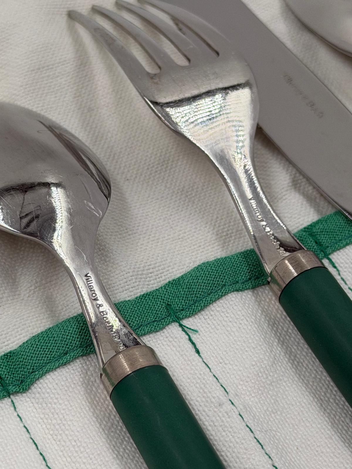 Vintage Besteck Reisebesteck Set von Villeroy und Boch grüne Griffe mit Stofftasche
