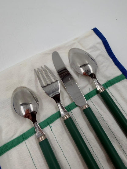 Vintage Besteck Reisebesteck Set von Villeroy und Boch grüne Griffe mit Stofftasche