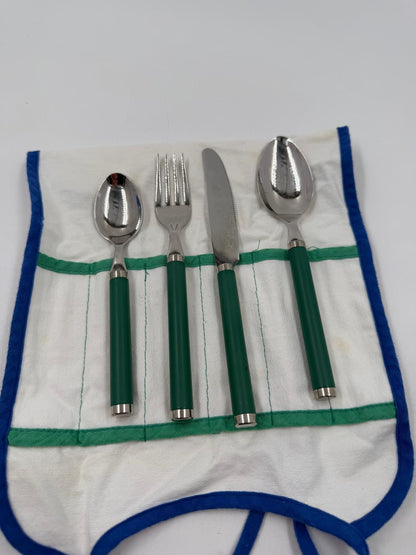 Vintage Besteck Reisebesteck Set von Villeroy und Boch grüne Griffe mit Stofftasche