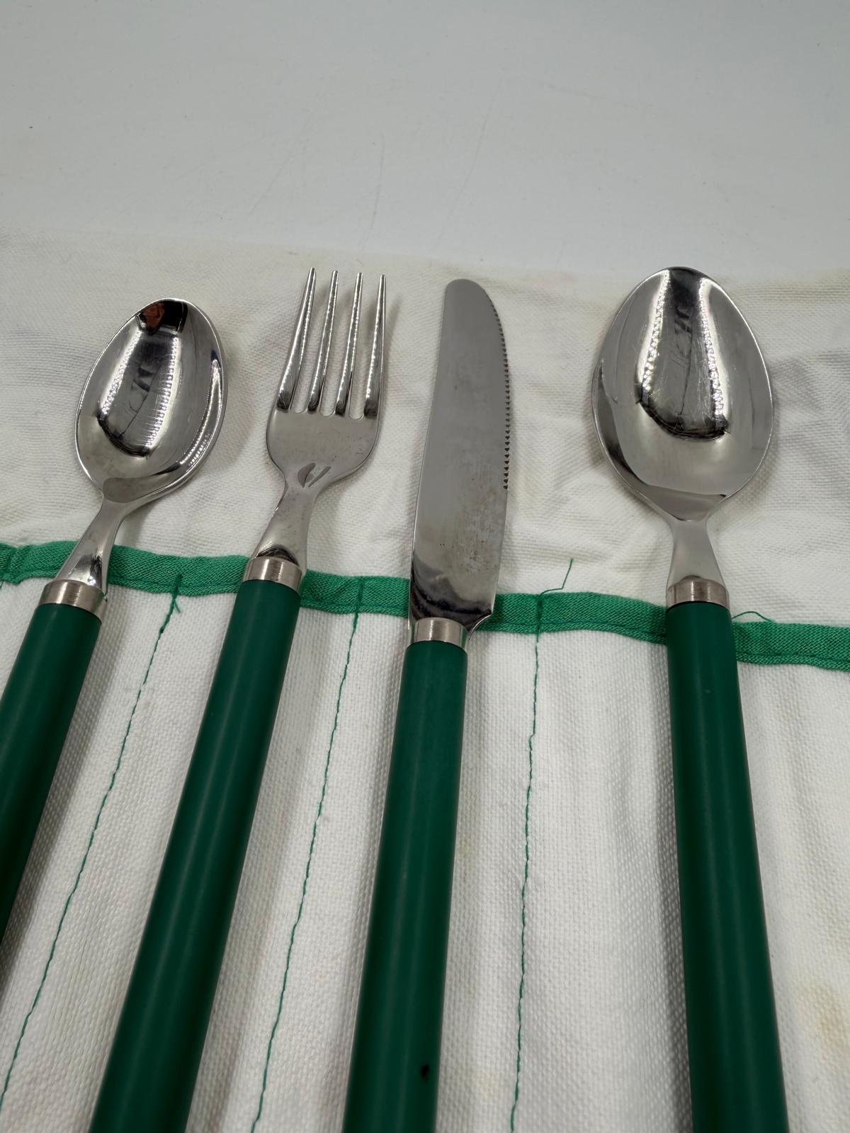 Vintage Besteck Reisebesteck Set von Villeroy und Boch grüne Griffe mit Stofftasche