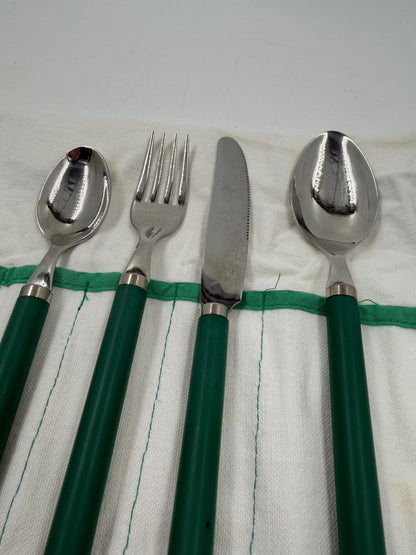 Vintage Besteck Reisebesteck Set von Villeroy und Boch grüne Griffe mit Stofftasche