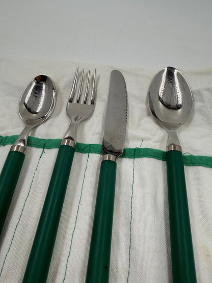 Vintage Besteck Reisebesteck Set von Villeroy und Boch grüne Griffe mit Stofftasche