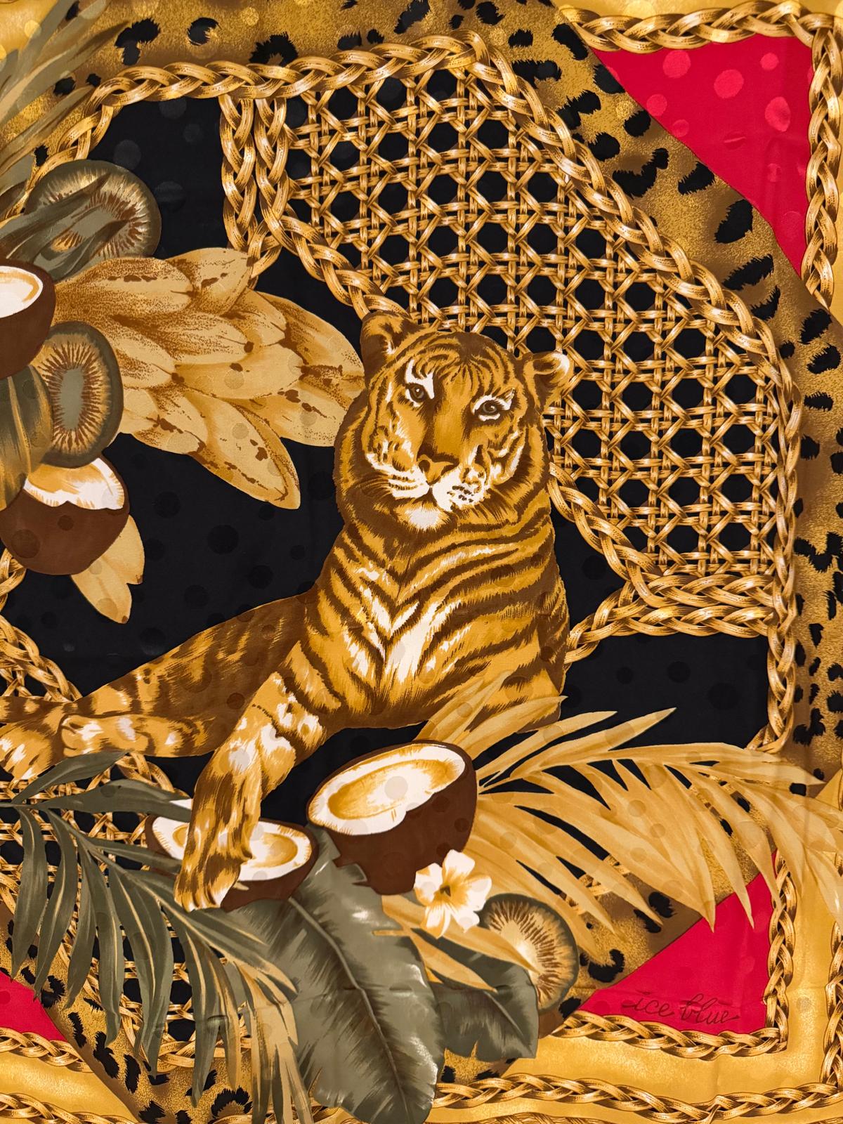 Vintage Seidentuch Lee Blue mit Tiger und Tropenmotiv von Lee Blue