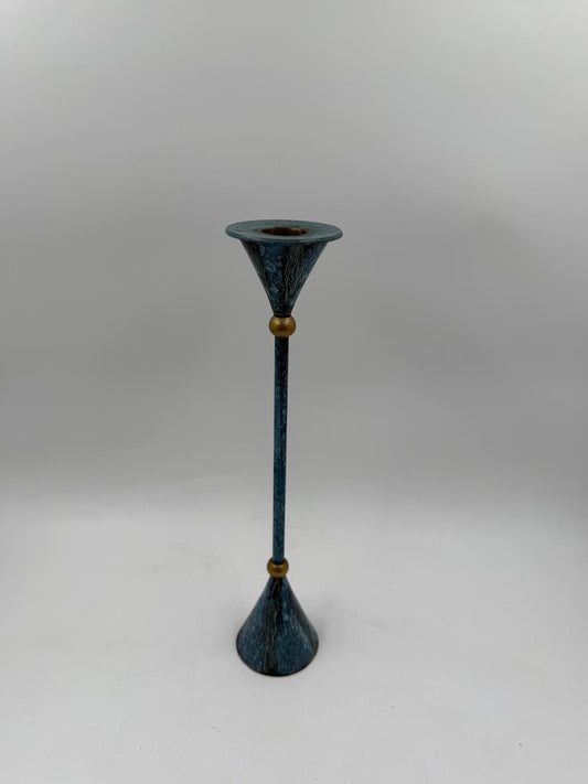 Vintage Kerzenständer Memphis Stil blau marmoriert messingfarbenes Akzent