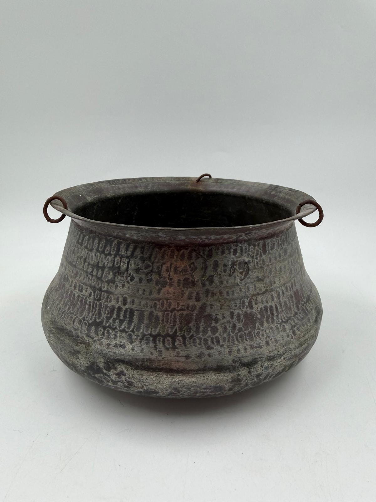 Vintage Kupfertopf mit Patina und 3 Aufhänge-Ring, Deko