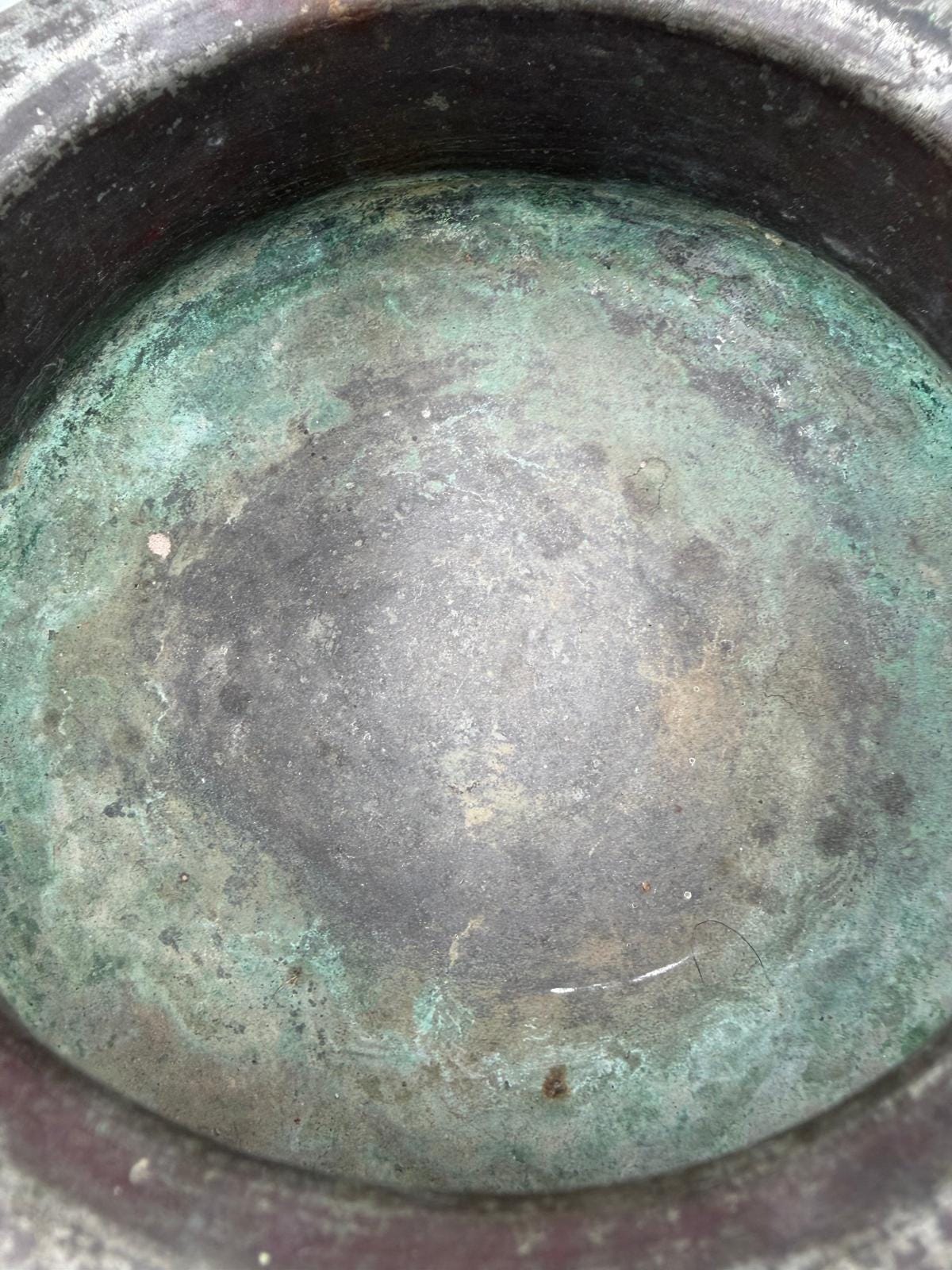Vintage Kupfertopf mit Patina und 3 Aufhänge-Ring, Deko
