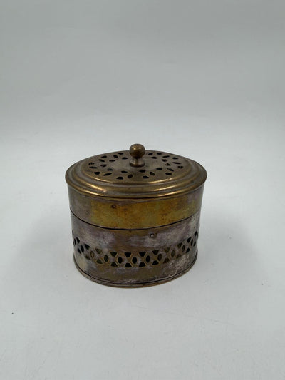 Vintage brass cricket box with openwork lid, oval
