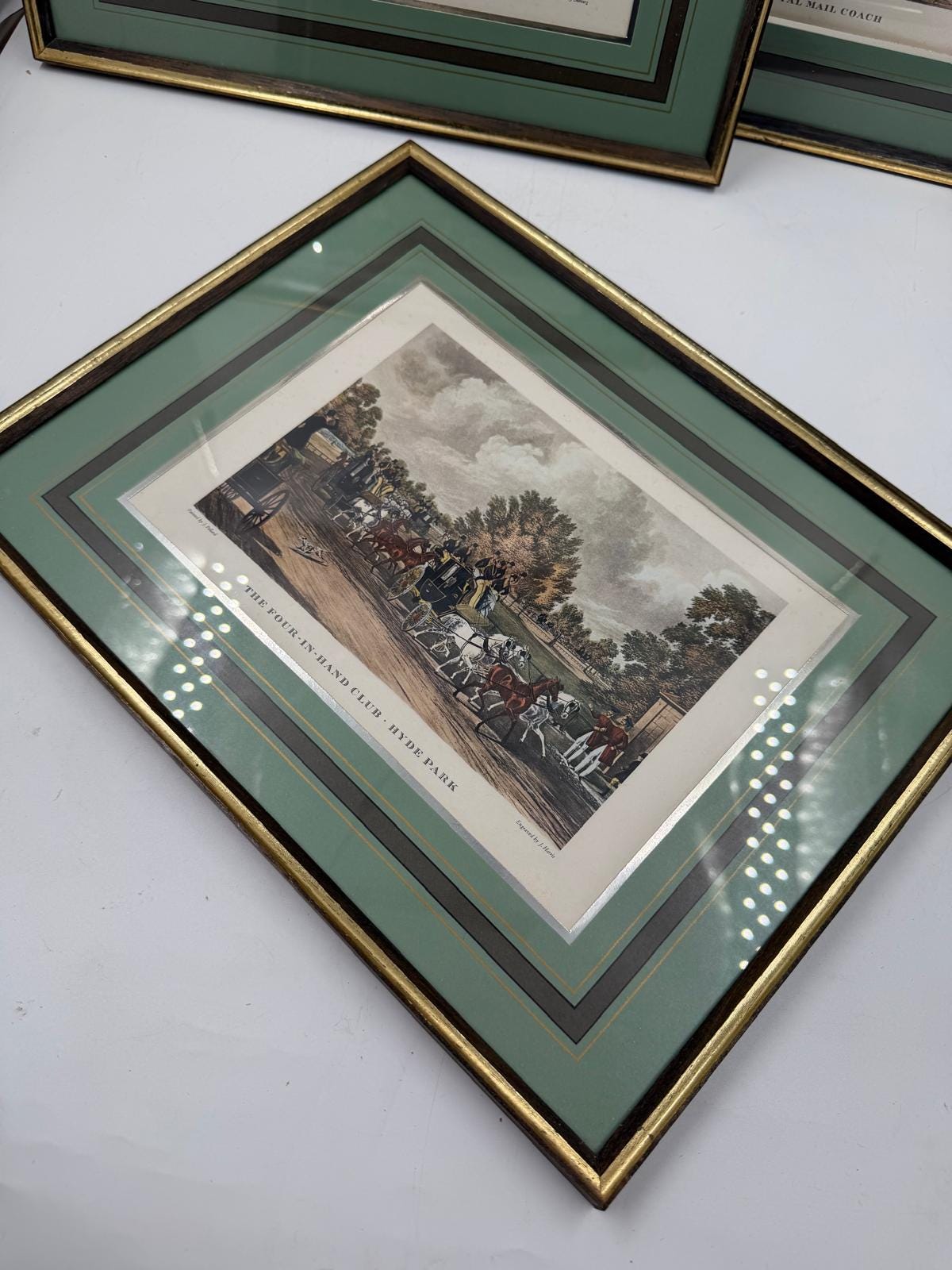 Vintage Druckbild „Königreich Hannover“ Set von 3 von James Pollard für G. Reeves grün-gold-silber