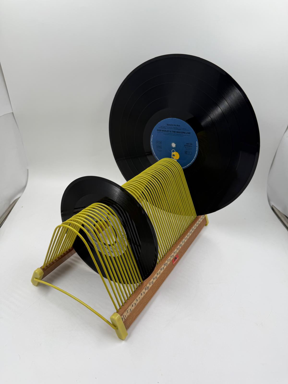 Vintage Vinylhalter von Polydor gelb Holz Draht