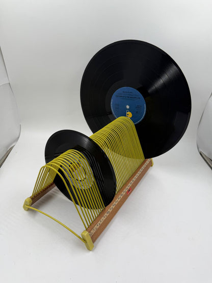 Vintage Vinylhalter von Polydor gelb Holz Draht