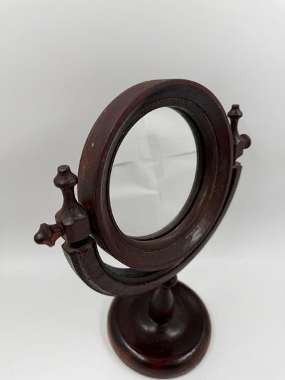 Vintage Kosmetikspiegel drehbar aus Holz, Glas und Kunstleder