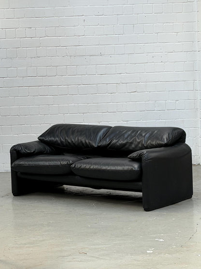 Vintage Sofa Maralunga von Vico Magistretti für Cassina in schwarzem Leder