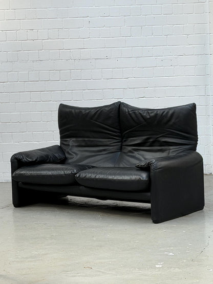 Vintage Sofa Maralunga von Vico Magistretti für Cassina in schwarzem Leder