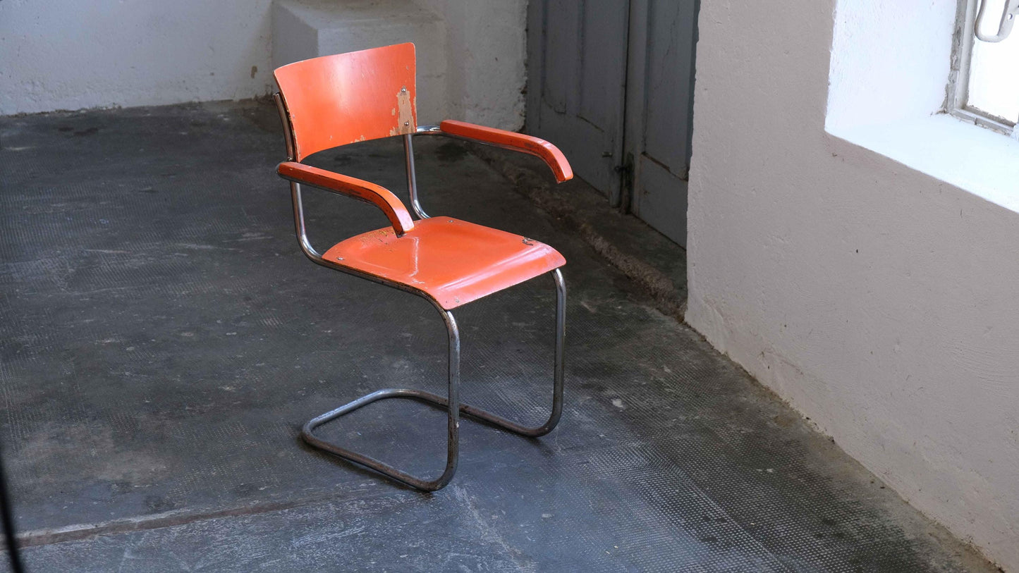 Vintage Freischwinger Stuhl von Mart Stam für Mora, Orange Chrom