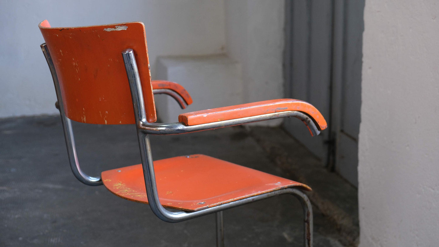 Vintage Freischwinger Stuhl von Mart Stam für Mora, Orange Chrom