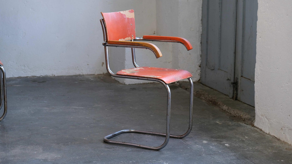 Vintage Freischwinger Stuhl von Mart Stam für Mora in Orange, Chrom