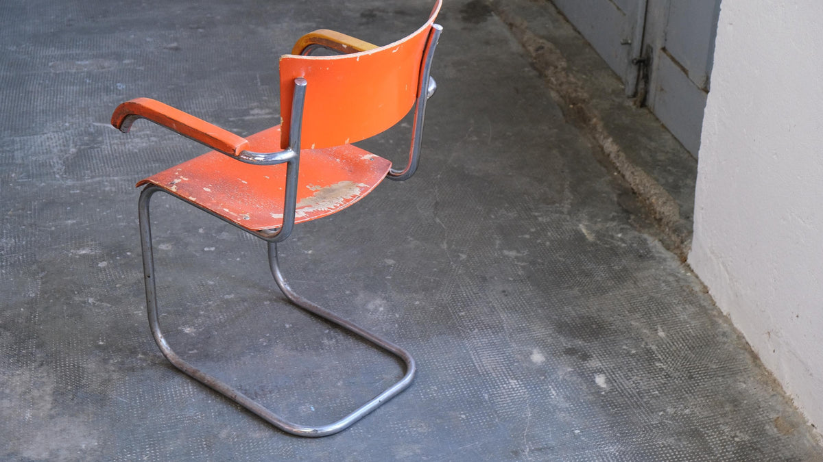 Vintage Freischwinger Stuhl von Mart Stam für Mora in Orange, Chrom
